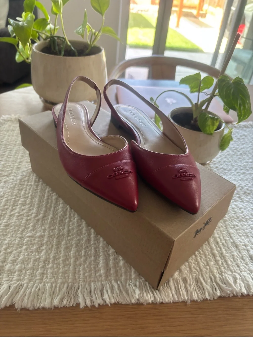 Coach Women's Burgundy Leather Pointed-Toe Slingback Flats
